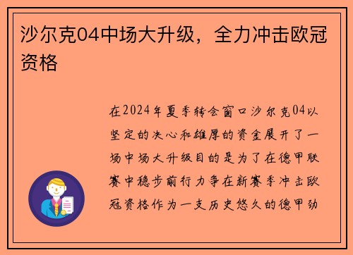 沙尔克04中场大升级，全力冲击欧冠资格