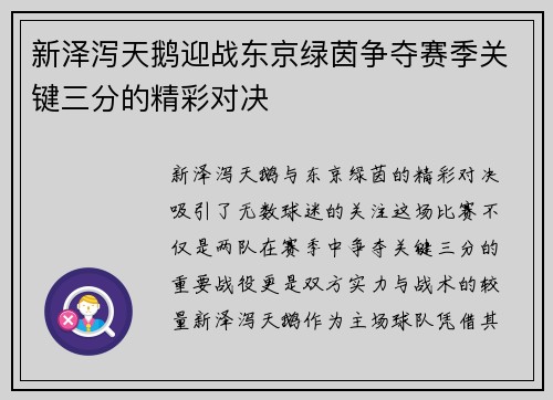 新泽泻天鹅迎战东京绿茵争夺赛季关键三分的精彩对决