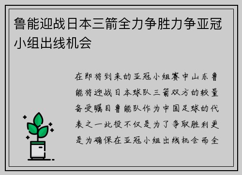 鲁能迎战日本三箭全力争胜力争亚冠小组出线机会