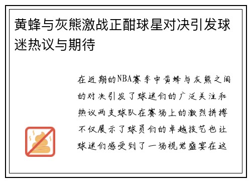 黄蜂与灰熊激战正酣球星对决引发球迷热议与期待
