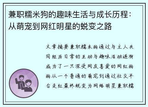 兼职糯米狗的趣味生活与成长历程：从萌宠到网红明星的蜕变之路
