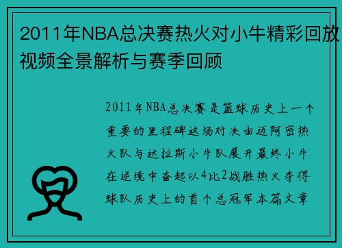 2011年NBA总决赛热火对小牛精彩回放视频全景解析与赛季回顾
