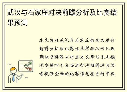 武汉与石家庄对决前瞻分析及比赛结果预测